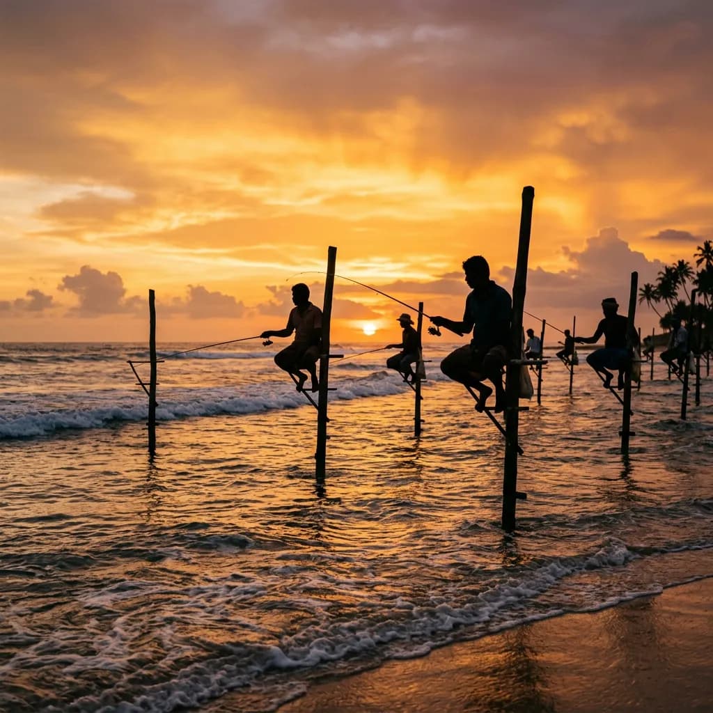 Traditional stilt fishermen at Koggala, southern Sri Lanka